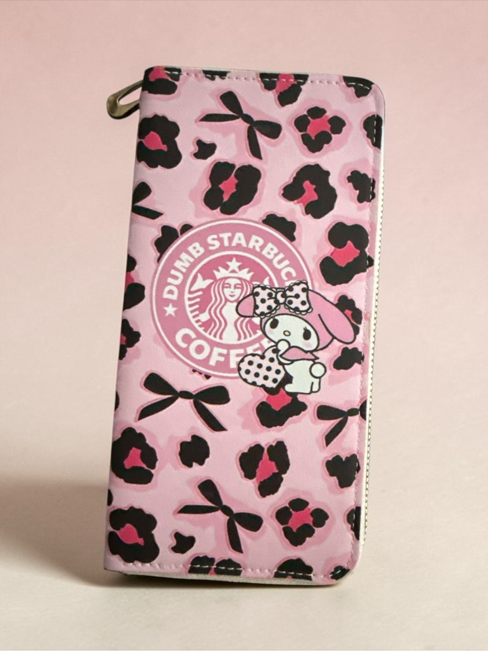 Pink Leopard Print Zip Wallet with Cute Character Accent